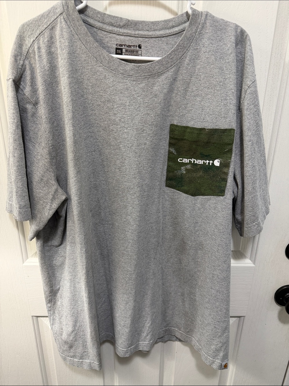 Carhartt Gray Short-Sleeve Tee with Green Camo Chest Pocket